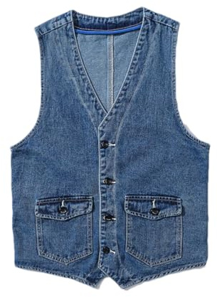 Hndudnff Men Buttons Denim Vest V-Neck Jeans Sleeveless Jacket With Pockets Loose Casual Waistcoat Blue Xl