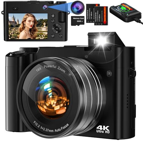 Bofypoo Appareil photo numérique 64 MP avec mise au point automatique et double caméras avant et arrière, carte SD 32 G, compact 4K avec zoom numérique 16X pour débutants