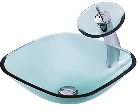 HADECOLL Aufsatzwaschbecken Aus Gehärtetem Glas, Badezimmerwaschbecken, Quadratisches Aufsatzwaschbecken Aus Glaskunst Mit Wasserhahn, Kombinierter Badezimmerwaschtisch