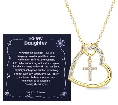 Alissl Heart Cross Necklace for Little Girls Daughters Granddaughters Nieces，Baptism First Communion Confirmation Easter gifts for Teens Kids Toddler