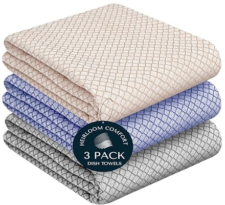 HEIRLOOM COMFORT Multicolor Honeycomb Kitchen Towels 6 Pack, 40x66 cm, 100% Cotton, Fast Dry, Absorbent, Soft & Washable Dishcloths for Home, Cooking, Cleaning - Beige, Indigo Blue, Grey