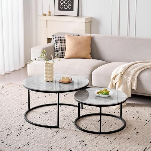 DEYARNA HOME Runden Couchtisch 2er Set, Moderne Satztische mit Keramikplatte (Keine MDF-Platte), Ideal für Wohnzimmer, Schlafzimmer, Balkon und Büro (Grau+Schwarz),60+80cm