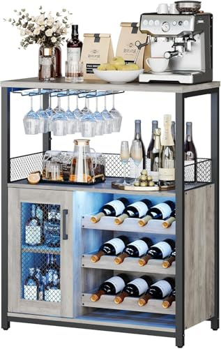 Garvee Weinschrank Weinregal Industrial mit Led Licht Barschrank mit Verstellbarem Weinregal und Glashalter Getränkeaufbewahrung Weinbarschrank für Küche Esszimmer Wohnzimmer 70x35x92 cm Grau