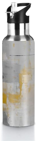 Bouteille d'eau isotherme moderne avec couvercle anti-fuite, texture artistique, jaune, beige, blanc, gris, 591 ml, bouteille de sport pour boissons froides et chaudes, idéale pour salle de sport