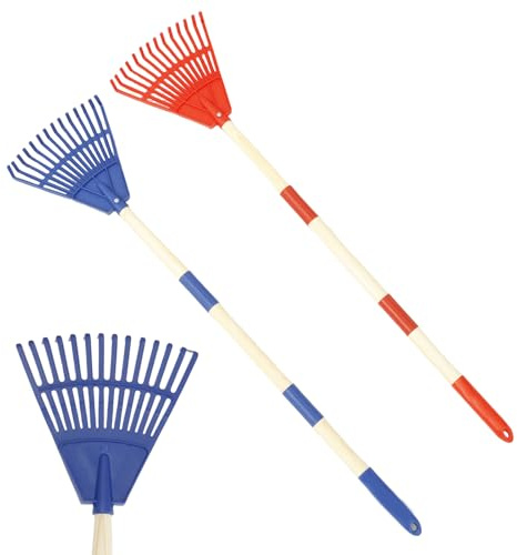 Harupink Lot de 2 râteaux à feuilles pour enfants avec 14 dents et manche en bois naturel de 67 cm - Balai à gazon amovible - Longueur totale : 86 cm (vert bleu)