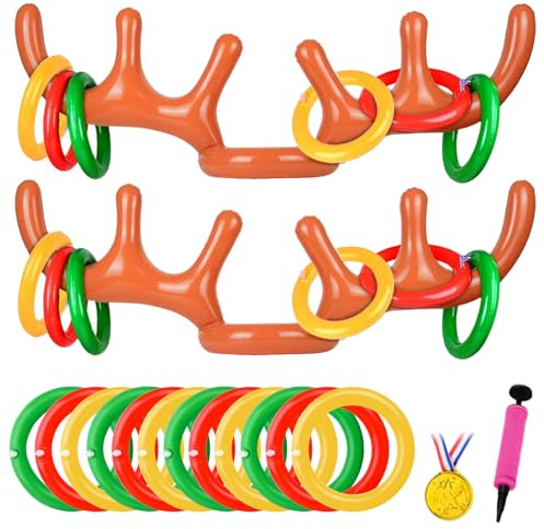 Ringwurfspiel Aufblasbare,Aufblasbares Rentier,2 aufblasbares Geweih+12 Ring-Rentier-Ringwurf,Perfekt für Weihnachtsfeiern, Familienspiele und Spiele im Freien