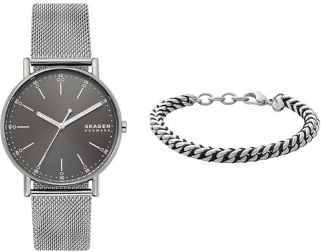 Skagen Herren Signatur Graue Edelstahl Uhr und Hulsten Silberfarbener Armband, Set