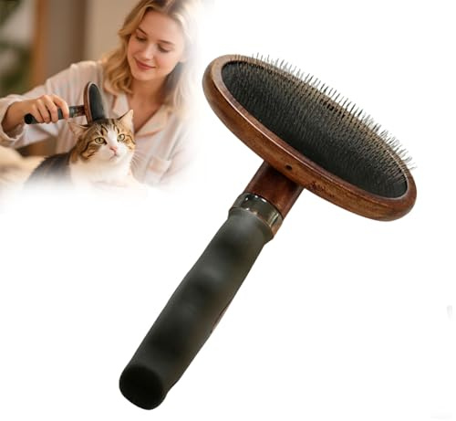 Holz Hunde- & Katzenbürste – Slicker Brush, Zupfbürste & Unterwollbürste für Hunde & Katzen – 135 Grad Nadeln, rutschfester Griff – Fellpflegebürste gegen Verfilzungen & Haare (Brown-1pc)