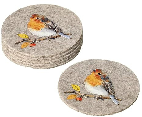 Heaven Sends Felt Robin Coasters Set of 6 – Round Polyester Drink Mats – Festive Tableware for Hot and Cold Drinks – Christmas Dining and Winter Home Décor
