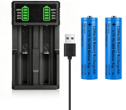 18650 Batterieladegerät mit 2 Pack 3,7V 2200mAh Akku Button Top Wiederaufladbarer NiMH, 3,7Volt Akkus + 2-Soll USB Akku Ladegeräte Satz für Kamera, Türklingel, LED Stirnlampe, Solarleuchte, usw.
