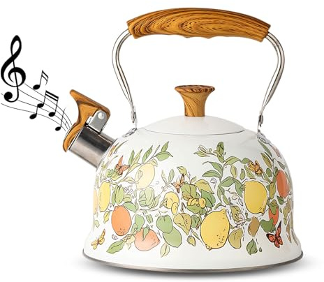 Stove Top Kettle, 3L Floral Kettle, Whistling Kettle with Anti-Hot Handle, Induction Hob Kettle, Stainless Steel Whistling Kettle for Gas Hob and Induction Stoves (Yellow Lemon)