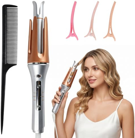 Aohcae Automatischer Lockenstab, 3 Temperaturstufen (170-210°C) Lockenwickler Aufheizbar, 25mm Hair Curler mit 3 Haarklammer Und Stielkamm, Hair Curler Automatic für Lange Haare, Junge Mädchen