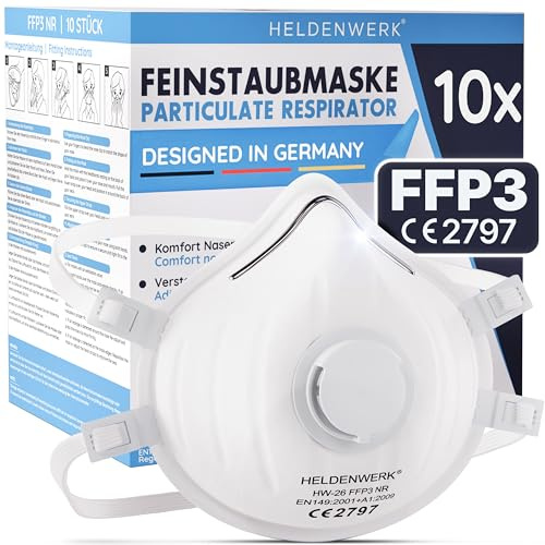 HELDENWERK FFP3 Lot de 10 masques avec valve – Lot de 5, 10 ou 20 – Masque respiratoire/anti-poussière certifié Valve d'expiration – Masques anti-poussière avec sangle arrière réglable