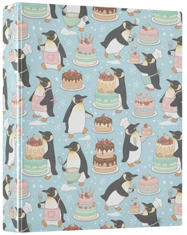 Raccoglitore a 3 anelli con motivo a torta di pinguini, 3,8 cm, raccoglitore ad anelli rotondo, contiene 200 documenti, per casa, scuola, ufficio