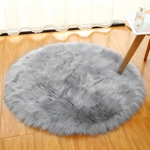 Faux Lambskin Sheepskin Rug 100 x 100 cm, Faux Lambskin Rug Fluffy Soft Fur Rugs Longhair Fur Imitation Lambskin Carpet for Chairs Sofa Bedroom Children's Room (Grey, Round)