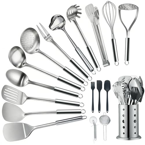 Lot de 18 Ustensile de Cuisine en Acier Inoxydable, Avec Spatule, Louche, Pelle, Spatule Fendue, Passoire, Fourchette à Viande, Cuillère à huile, Batte à œufs, Presse-Purée, Roulette à Pizza, Brosse