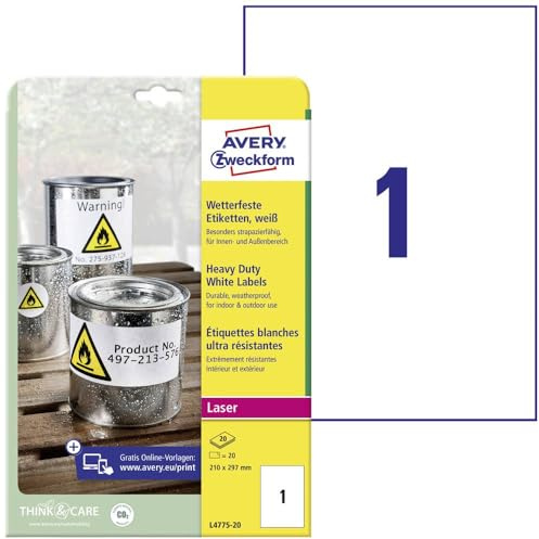 AVERY Zweckform L4775-20 Wetterfeste Etiketten, wasserfest, 210x297mm | 20 Aufkleber, Folienetiketten, Outdoor Klebefolie, extrem stark selbstklebend, strapazierfähig, 20 Blatt, weiß