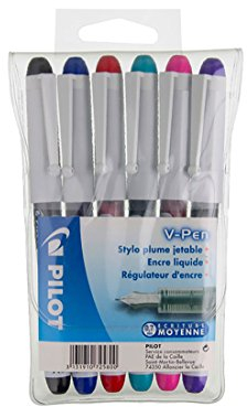 PILOT - 6 Erasable V-Pen Fountain Pens - Black/Blue/Red/Green/Pink/Purple - Medium Tip