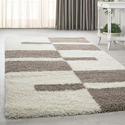 HomebyHome Hochflor Teppich 100 x 200 cm Beige-Creme Weicher Shaggy Flokati im Karierten Design Dekorative Wohnmatte für Schlafzimmer oder kleine Räume Pflegeleicht & modern