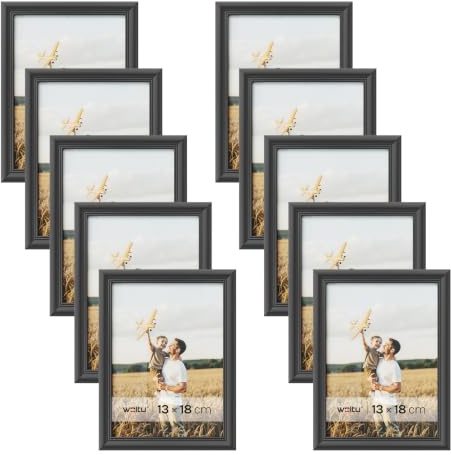 WOLTU Bilderrahmen 13x18, 10er set, Massivholz Fotorahmen mit Passepartout | Schwarz, Front aus PS-Platte, Posterrahmen zum vertikalen oder horizontalen Aufhängen und Aufstellen, Collage Wanddeko