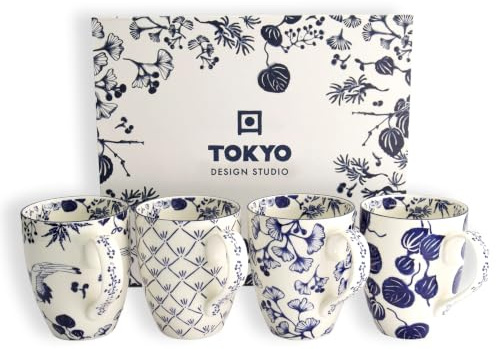 TOKYO design studio – Flora Japonica Becher-Set (4-tlg.), 340ml | Hochwertiges Porzellan – spülmaschinen- & mikrowellengeeignet – individuelle Muster in Blau und Weiß – mit Geschenkbox
