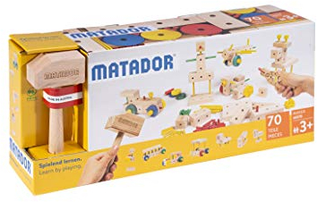 Matador Kinder Baukasten ab 3 Jahren 70-tlg. - Spannendes Holz Konstruktionsspielzeug zur Schulung von Kreativität und Feinmotorik, Bauspielzeug mit Stäbchen, Klötzen, Hammer & Zange