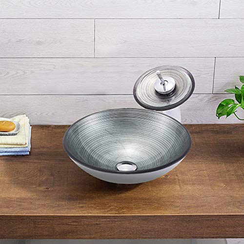 HomeLava Design Mini Waschbecken Aufsatz Waschtisch Waschplatz Rund aus Gehärtetes Glas mit Wasserfall Wasserhahn und Ablaufgarnitur für Gäste WC Bad 30cm