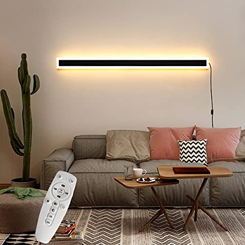 Innen Dimmbar Wandleuchte mit Fernbedienung, LED Streifen Up Down Wandlampe mit Schalter und Stecker, Schwarz Aluminium Wandbeleuchtung Wohnzimmer Schlafzimmer Treppe Lang Wandspot Lampe,80cm 48w
