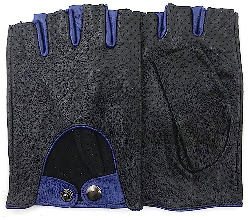 ZLUXURQ Herr läder full mesh fingerlösa handskar halvfinger körhandskar, Svart och blå, XL