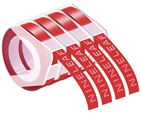 NineLeaf 4 x Compatible for Dymo S0898150 520102 3D Plastic Embosser Tape White on Red 9mm x 3m Label Tape for Omega Home Embossing Junior Embosser Home Embossing Organizer Xpress12965 Label Maker