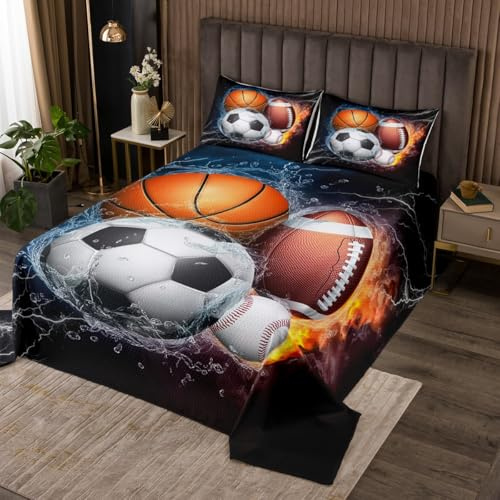 Erosebridal Sports Quilt Set Boys King Size,Baseball Soccer Coverlet Set Kids Teens Basketball Football Bedspread Set Ball Games Bed Cover,Fire Ice Trippy Lightening Decor 3Pcs Soft Luxury