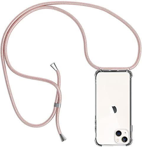 ZYIMOU für iPhone 14 Hülle mit Band, Handyhülle iPhone 14 Handyband Hülle mit Kette Schutzhülle Kordel zum Umhängen Transparent Weich TPU Silikon Bumper, Rosé Gold