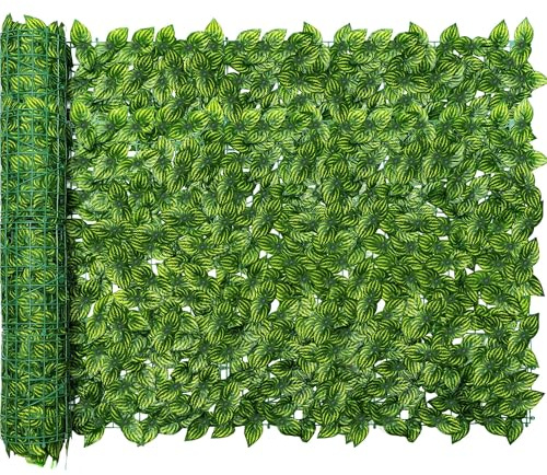 Jinwu Artificial Ivy Privacy Fence Screen, 39.4x118 Inch Artificial Faux Ivy Hedge, Expandable Faux Privacy Fence with 80 pcs Zip Ties Decoration for Outdoor Garden, Color Printing Watermelon Leaves