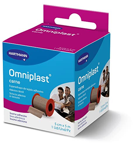 Omniplast, Esparadrapo de Tela Resistente, Pre-Tape para la Sujeción de Apósitos y Vendajes, Espadrapo Hipoalargénico y Resistente al Agua, Cinta Quirurgica, Tela Color Carne (5cm x 5m)