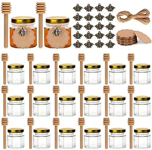 SXUUXB Kleine Honiggläser, Mini Honiggläs mit Honiglöffel, Kleine Gläser, Bronze Beed, Hanfseil, Dankeskarten, Organzabeutel, Perfekt für Hochzeit Kommunion Geburtstag Gastgeschenk, 20 Stück 45ml