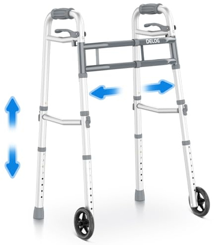 Delog Narrow Folding Walker for Seniors with Trigger Release and 5 Inches Wheels, Lightweight Supports Up to 350 lbs, Aluminum Folding Walker for Elderly Handicapped Disabled, FSA/HSA Eligible