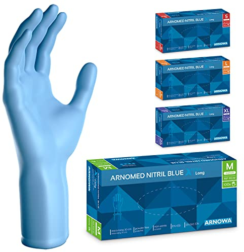 ARNOMED Guanti nitrile monouso blu extra lunghi, Guanti monouso lunghi 30 cm in M, Guanti monouso nitrile extra spessi, 100 pz/scatola, guanti nitrile resistenti usa e getta lunghi S, M, L & XL