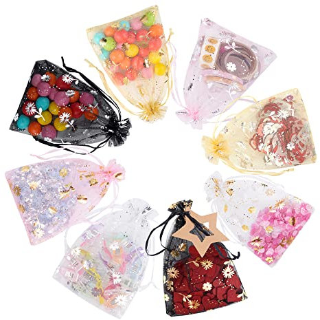 LOMIMOS 100pcs Pochettes Cadeau en Organza,4 Couleurs Sachet Organzas,9*12cm Sachet Bijoux,Sac Organza avec Cordon de Serrage,Pochette Emballage Cadea,Pochons pour Mariage, Baptême, Cadeaux, Lavande