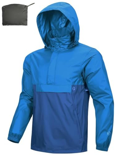 Outdoor Ventures Regnjacka för män vattentät tröja med huva packbar reflekterande jacka lätt cykel vindjacka andningsaktiv softshelljacka för vandring löpning utomhus, Kungsblå/klassisk blå, L