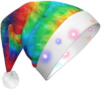 BUULOO Chapeau de Père Noël lumineux imprimé tie-dye arc-en-ciel, pour adultes, Halloween, Noël, fête de vacances confortable