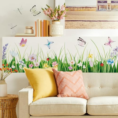 Runtoo Wandtattoo Bordüre Gras Grün Wandsticker Blumen Schmetterlinge Wandaufkleber Wohnzimmer Schlafzimmer Kinderzimmer Babyzimmer Flur Wanddeko