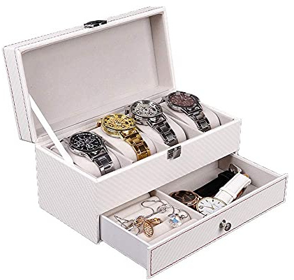 KSTUFF Automatischer Uhrenbeweger, Box Herren Organizer Box Kohlefaser Doppelschicht Schmuckschatulle abschließbar weiß Display Aufbewahrungsbox für 4 Uhren Organizer vision