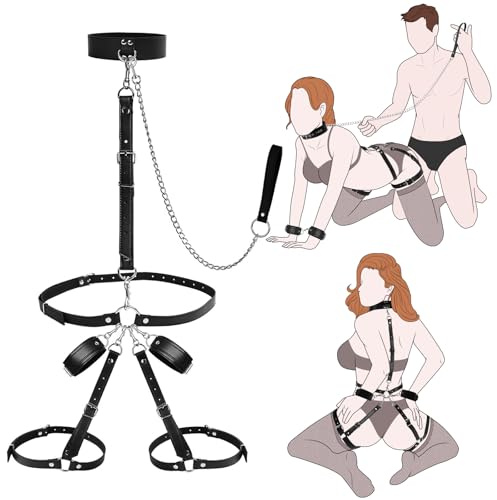 Sex Bondage Wrist & Thigh Cuffs BDSM Restraints Set Adult Sex Toys for Couples Neck to Wrist SM Game Set with Adjustable Collar & Leash Handcuffs Thigh Cuffs Cross Waist Strap Bondage Gear Harness