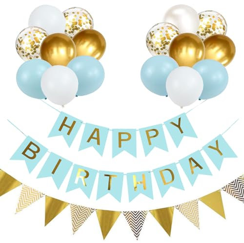 Luftballons Geburtstag Dekoration Set, Macaron blau weiße Geburtstagsdeko Happy Birthday deko Banner Party Deko Geburtstag Set mit Luftballons Konfetti Ballons Dreiecksflaggen Girlanden（BL+SJQ)