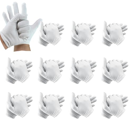 12 paia di guanti in cotone bianco, 100% cotone, guanti bianchi unisex, guanti protettivi riutilizzabili, morbidi guanti in cotone per banchetti formali maghi sfilate