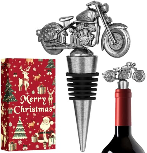 LKKCHER Weihnachts Geschenke Motorrad Weinflaschenverschluss, Weihnachts Geschenke für Männer Papa Motorrad Fans, Weihnachts Motorrad Geschenke, Silber mit Weihnachtsverpackung und Weihnachtskarte