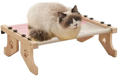 Uozonit Altalena per gatti da interni, lettino per gatti in legno, regolabile, per davanzale, con copertura imbottita per dormire, giocare, arrampicarsi