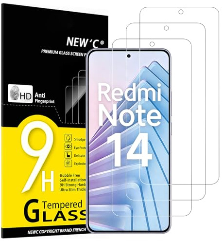 NEW'C 3 Pack, skärmskydd i glas för Xiaomi Redmi Note 14 5G/4G, (inte kompatibel med Xiaomi Redmi Note 14 Pro 5G) bubbelfri, 9H hårdhet, 0,33 mm ultratransparent, ultrabeständigt härdat glas