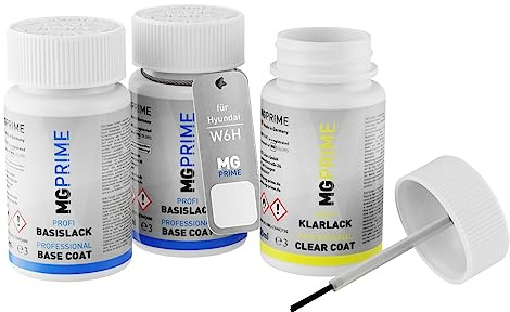MG PRIME Autolack Lackstifte für Hyundai W6H Serenity White Pearl +1K | Set aus Grundlack + Basislack + Klarlack, Lackfläschchen mit Pinsel, je 50ml