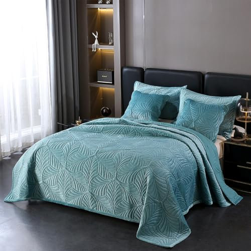 XIUWOUG Tagesdecken 220/240 Bettüberwurf Doppelbett Bettdecke Kristallsamt Baumwolle Decke 3-teilig, Bettwäsche Mit 2 Kissenbezügen,Blau,230X270CM